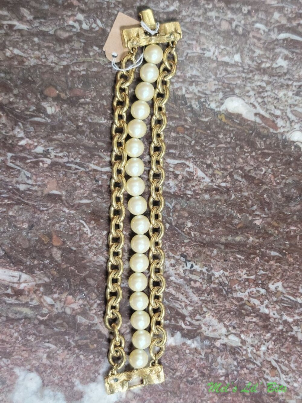 Vintage Monet Bracelet Gold Tone Chain Link Faux Pearl